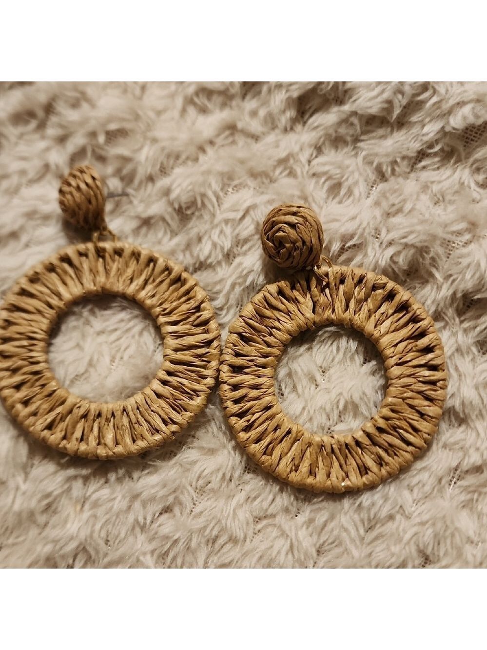 Tan Bohemian Circular Hoop Earrings with Woven Texture